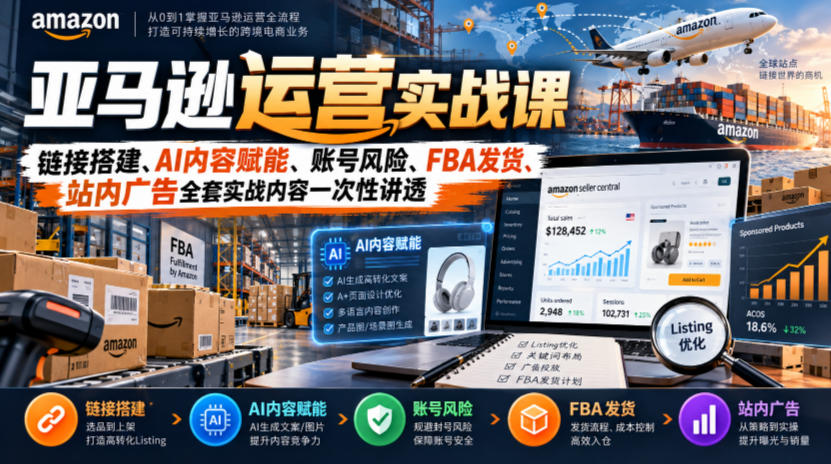亚马逊运营实战课，链接搭建、AI内容赋能、账号风险、FBA发货、站内广告全套实战内容一次性讲透-来聚吧