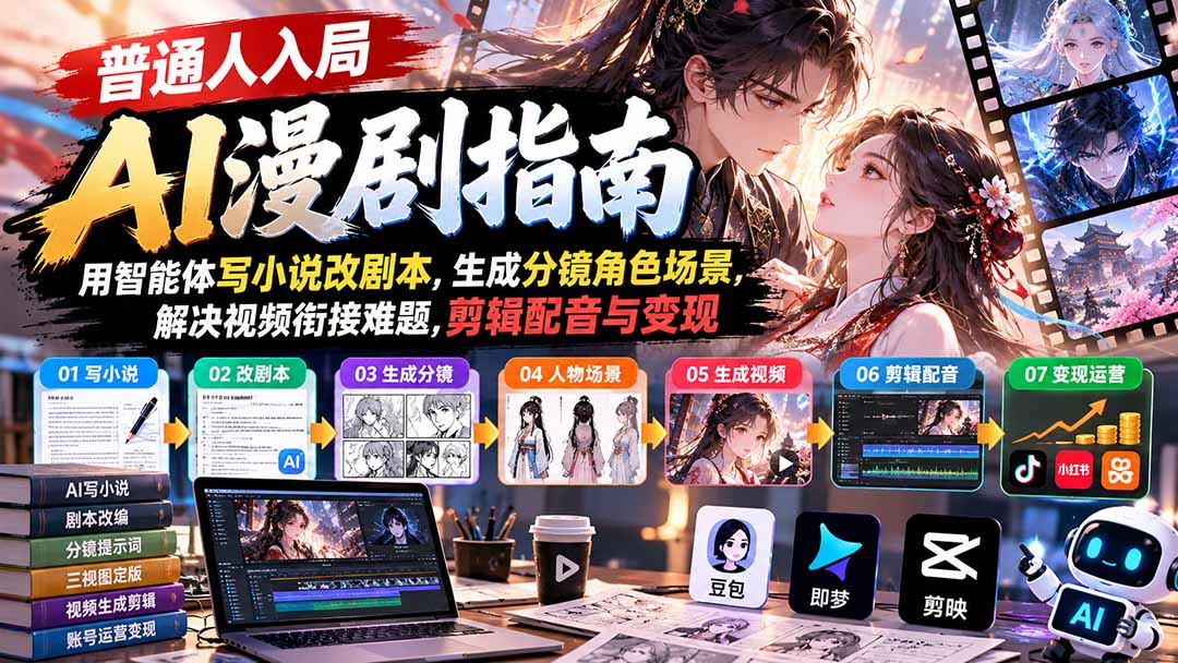 【无水印】普通人入局AI漫剧指南：用智能体写小说改剧本，生成分镜角色场景，解决视频衔接难题，剪辑配音与变现-来聚吧