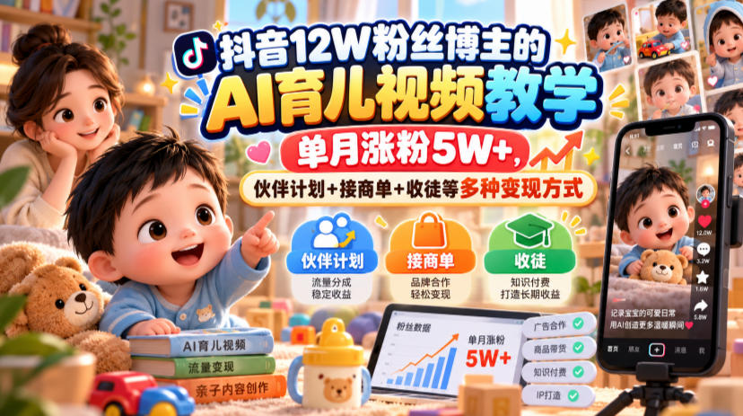 抖音12W粉丝博主的AI育儿视频教学,单月涨粉5W+,伙伴计划+接商单+收徒等多种变现方式-来聚吧