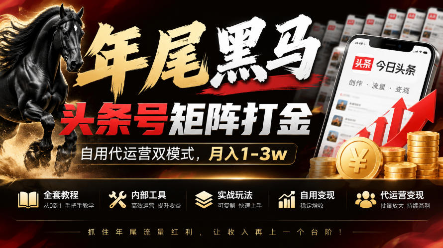 【年尾黑马】头条号矩阵打金,自用代运营双模式,月入1-3w,附全套教程及内部工具【揭秘】-来聚吧