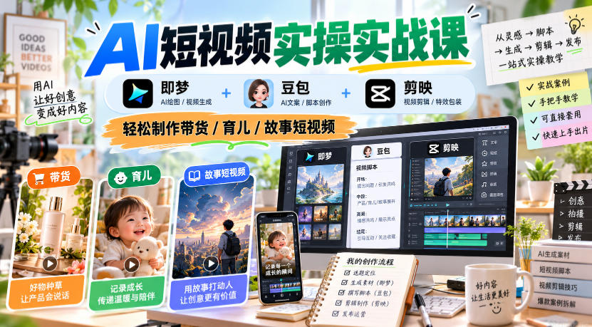 AI短视频实操实战课,即梦+豆包+剪映,轻松制作带货/育儿/故事短视频-来聚吧