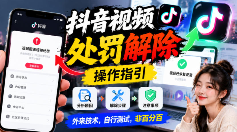 抖音视频处罚解除操作指引,外来技术,自行测试,非百分百-来聚吧
