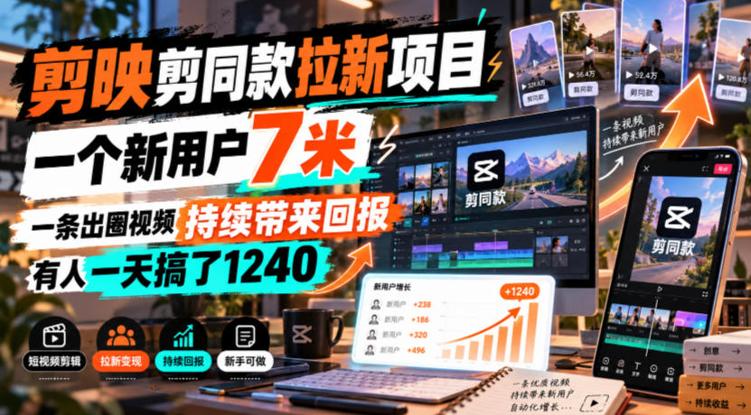 剪映剪同款拉新项目,一个新用户7米,一条出圈视频持续带来回报,有人一天搞了1240-来聚吧