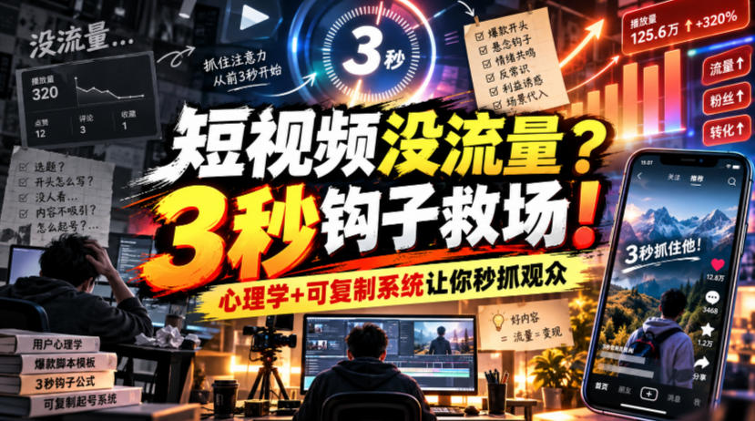 【无水印】短视频没流量?3秒钩子救场!心理学+可复制系统让你秒抓观众【原创双语字幕】-来聚吧