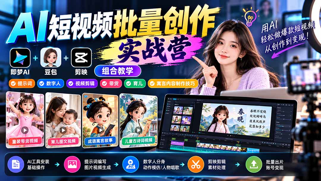 【无水印】AI短视频批量创作实战营:即梦+豆包+剪映组合教学,提示词/数字人/视频剪辑/带货/育儿/寓言内容制作技巧-来聚吧