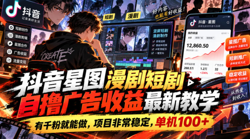 抖音星图漫剧短剧自撸广告收益最新教学，有千粉就能做，项目非常稳定，单机100+-来聚吧