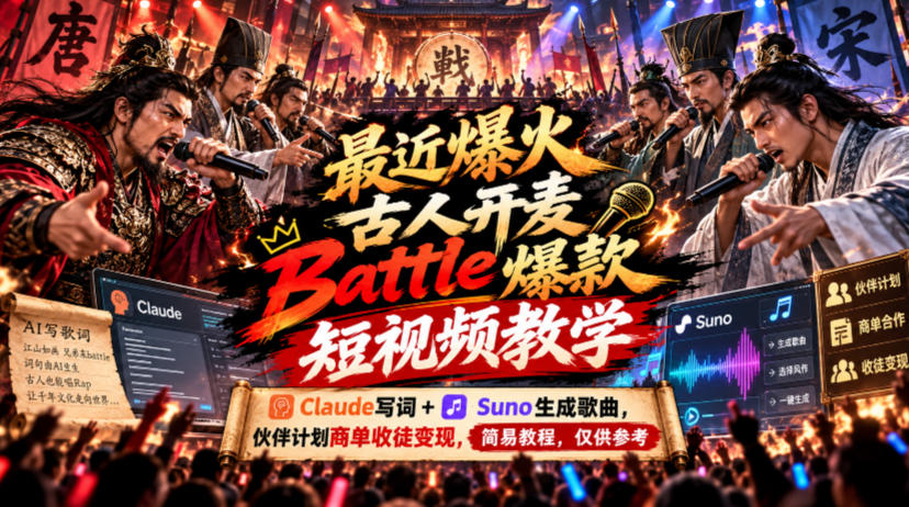 最近爆火古人开麦Battle爆款短视频教学,Claude写词+Suno生成歌曲,伙伴计划商单收徒变现,简易教程,仅供参考-来聚吧