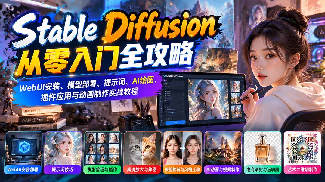 Stable Diffusion从零入门全攻略：WebUI安装、模型部署、提示词、AI绘图、插件应用与动画制作实战教程-来聚吧