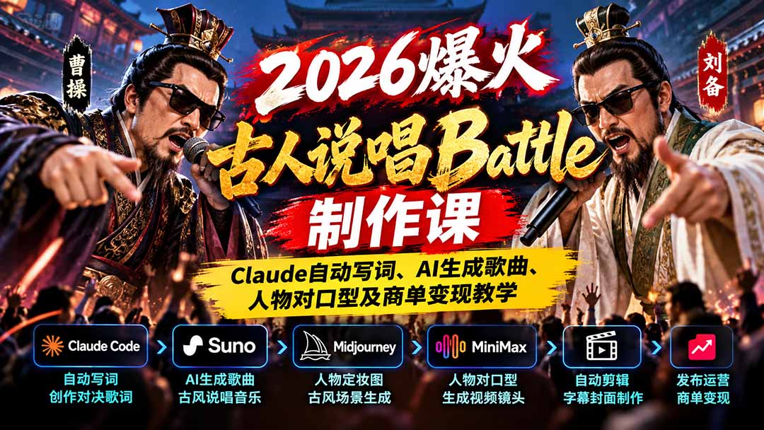 2026爆火古人说唱Battle制作课：Claude自动写词、AI生成歌曲、人物对口型及商单变现教学-来聚吧