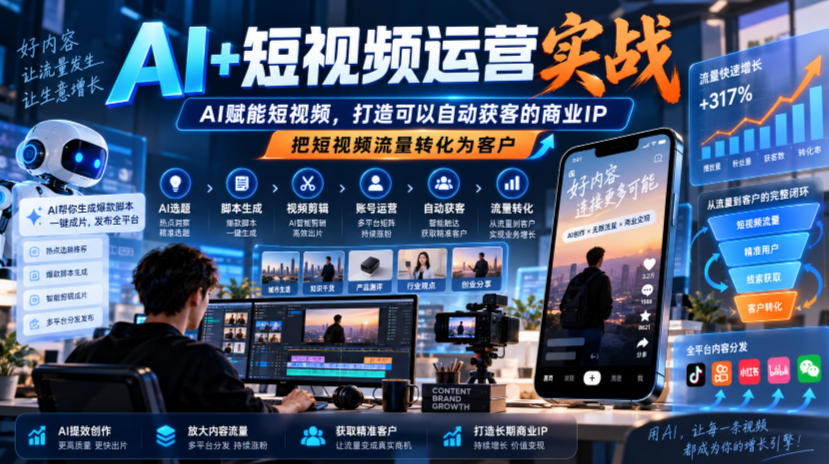 AI+短视频运营实战,AI赋能短视频,打造可以自动获客的商业IP,把短视频流量转化为客户-来聚吧