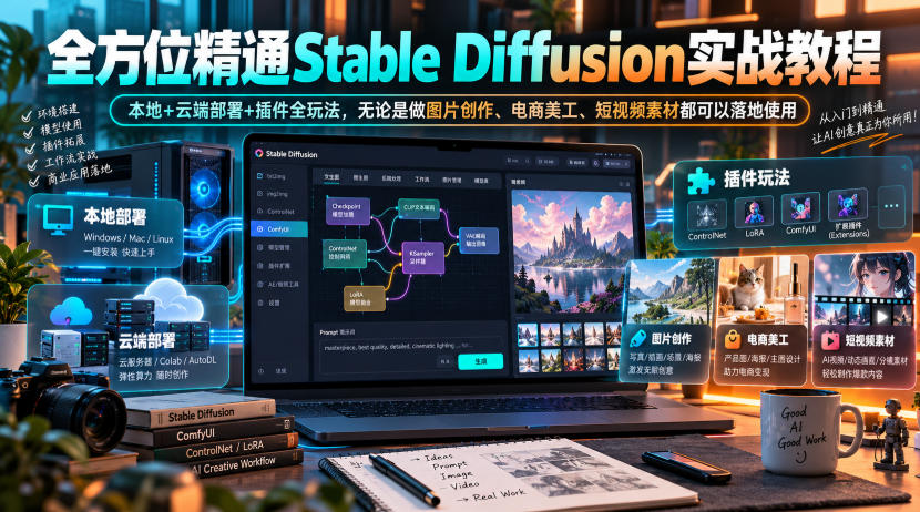 全方位精通Stable Diffusion实战教程｜本地+云端部署+插件全玩法，无论是做图片创作、电商美工、短视频素材都可以落地使用-来聚吧