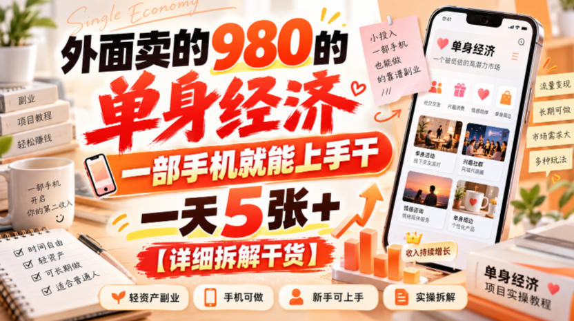 外面卖的980的单身经济,一部手机就能上手干,一天5张+【详细拆解干货】-来聚吧