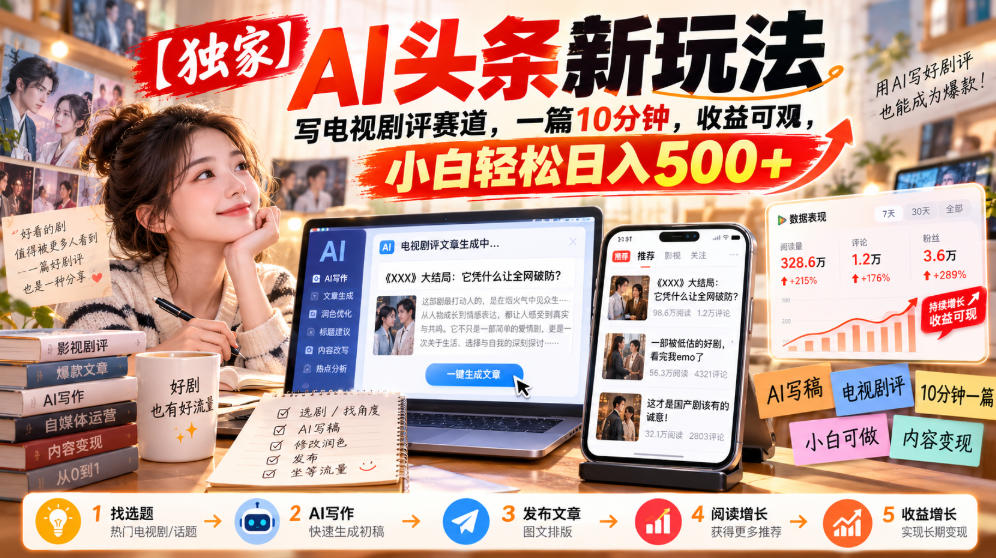 【独家】AI头条新玩法，写电视剧评赛道，一篇10分钟，收益可观，小白轻松日入500+-来聚吧