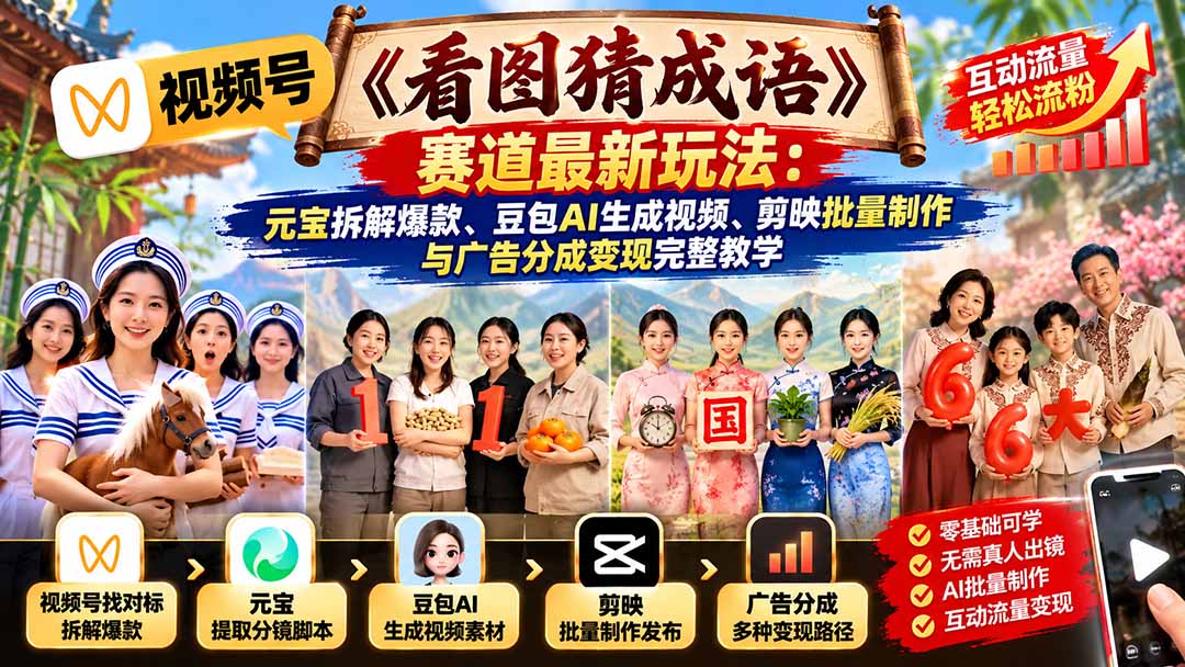 视频号《看图猜成语》赛道最新玩法:元宝拆解爆款、豆包AI生成视频、剪映批量制作与广告分成变现完整教学-来聚吧