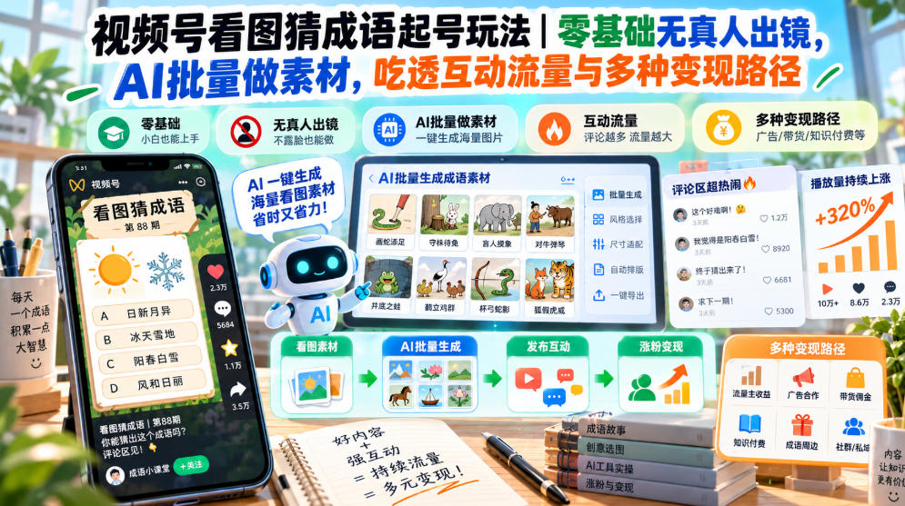 视频号看图猜成语起号玩法｜零基础无真人出镜，AI批量做素材，吃透互动流量与多种变现路径-来聚吧