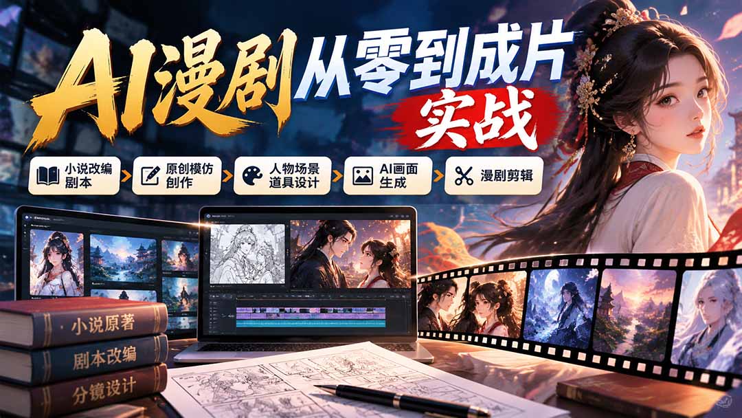 AI漫剧从零到成片实战:小说改编剧本、原创模仿创作、人物场景道具设计、AI画面生成与漫剧剪辑-来聚吧