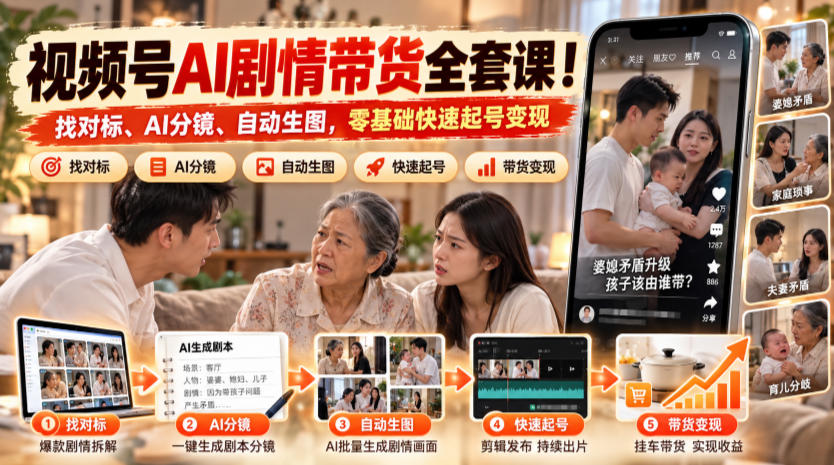 视频号AI剧情带货全套课!找对标、AI分镜、自动生图,零基础快速起号变现-来聚吧