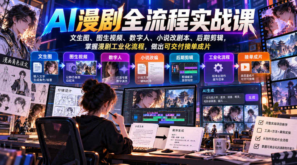 AI漫剧全流程实战课,文生图、图生视频、数字人、小说改剧本、后期剪辑,掌握漫剧工业化流程,做出可交付接单成片-来聚吧