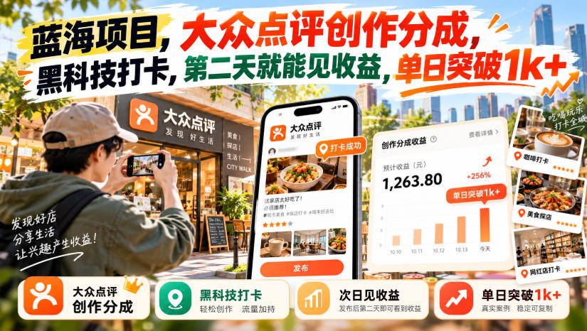 蓝海项目，大众点评创作分成，黑科技打卡，第二天就能见收益，单日突破1k+【揭秘】-来聚吧