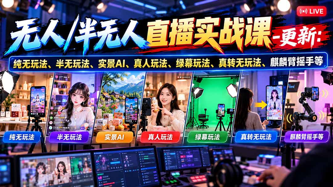 无人/半无人直播实战课-10月20更新：纯无玩法、半无玩法、实景AI、真人玩法、绿幕玩法、真转无玩法、麒麟臂摇手等-来聚吧