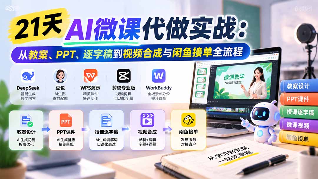 21天AI微课代做实战：从教案、PPT、逐字稿到视频合成与闲鱼接单全流程-来聚吧