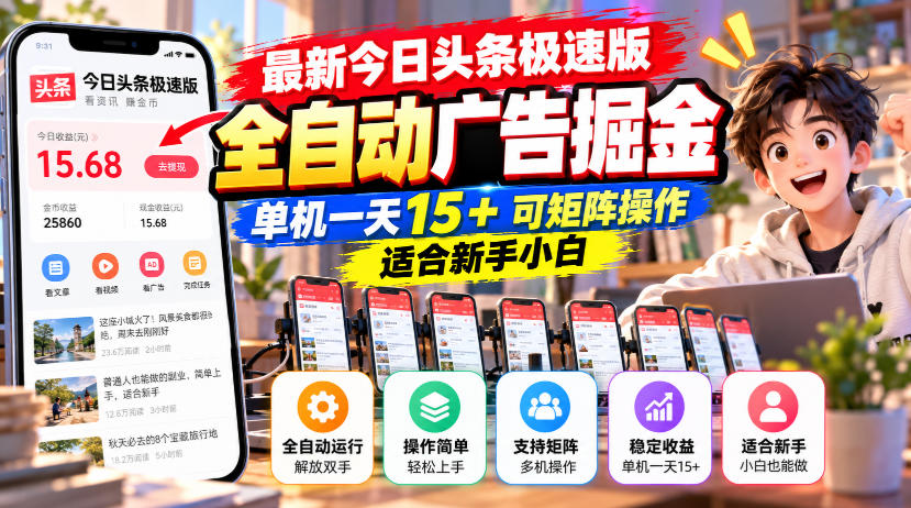 最新今日头条极速版全自动广告掘金,单机一天15+可矩阵操作适合新手小白-来聚吧