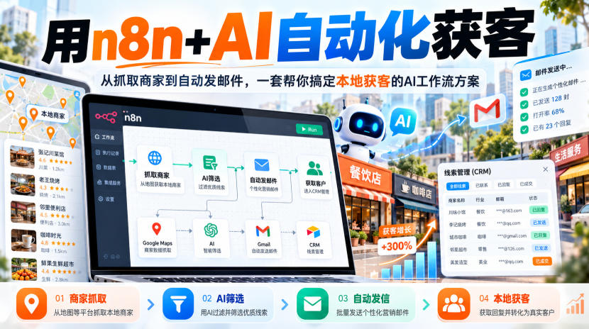 【无水印】用n8n+AI自动化获客，从抓取商家到自动发邮件，一套帮你搞定本地获客的AI工作流方案【原创双语字幕】-来聚吧
