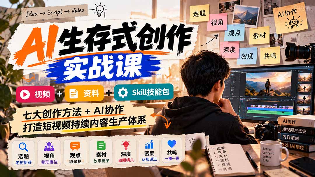 AI生存式创作实战课：视频+资料+Skill技能包，七大创作方法+AI协作，打造短视频持续内容生产体系-来聚吧