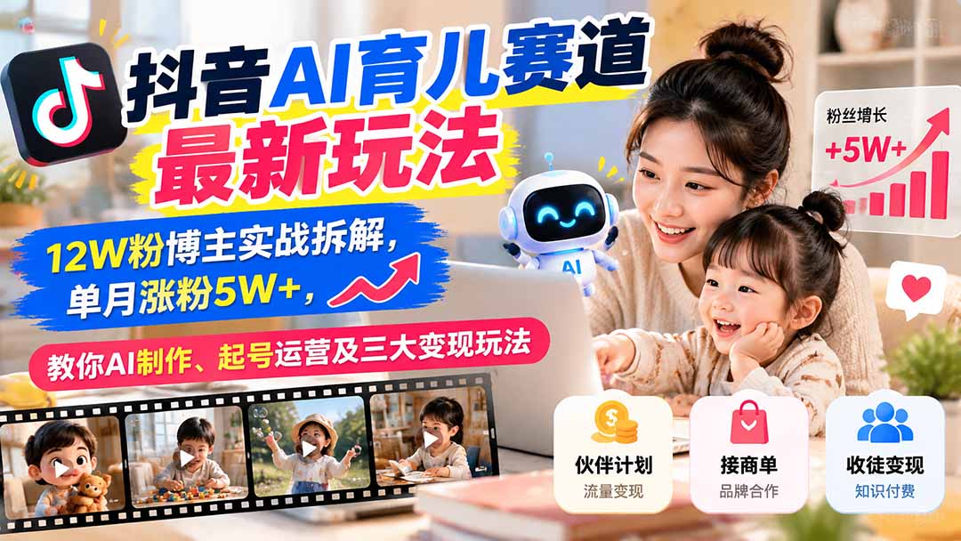 抖音AI育儿赛道最新玩法:12W粉博主实战拆解,单月涨粉5W+,教你AI制作、起号运营及三大变现玩法-来聚吧