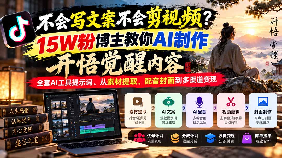 不会写文案不会剪视频？15W粉博主教你AI制作开悟觉醒内容，全套AI工具提示词、从素材提取、配音封面到多渠道变现-来聚吧