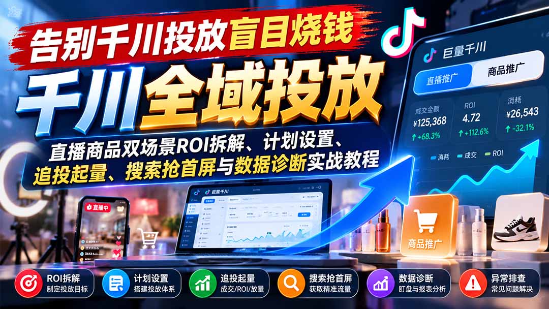 告别千川投放盲目烧钱：直播商品双场景ROI拆解、计划设置、追投起量、搜索抢首屏与数据诊断实战教程-来聚吧