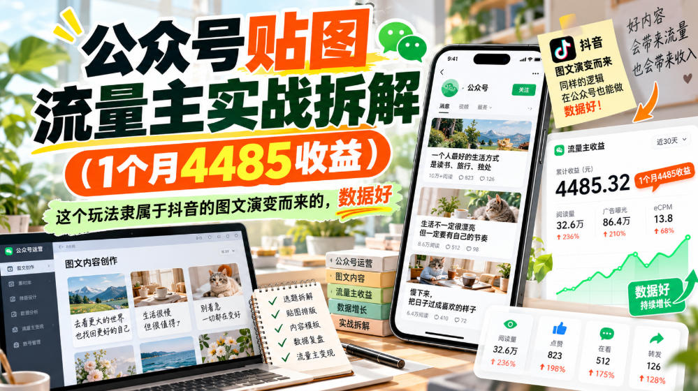 公众号贴图流量主实战拆解(1个月4485收益)，这个玩法隶属于抖音的图文演变而来的，数据好-来聚吧
