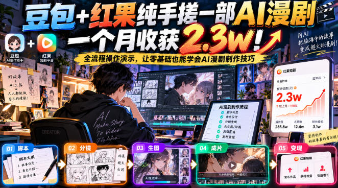 豆包+红果纯手搓一部AI漫剧一个月收获2.3w!全流程操作演示,让零基础也能学会AI漫剧制作技巧-来聚吧