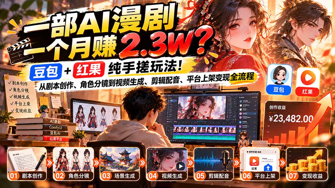 一部AI漫剧一个月赚2.3W?豆包+红果纯手搓玩法!从剧本创作、角色分镜到视频生成、剪辑配音、平台上架变现全流程-来聚吧