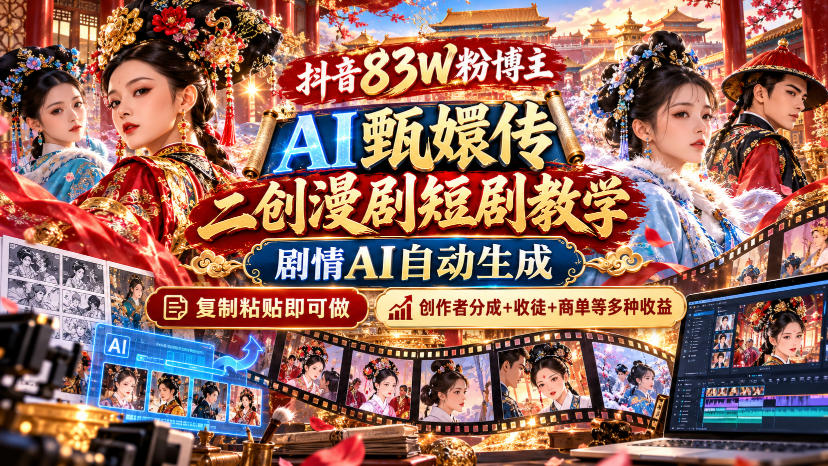 抖音83W粉博主AI甄嬛传二创漫剧短剧教学｜剧情AI自动生成，复制粘贴即可做，各大平台创作者分成+收徒等多种收益-来聚吧
