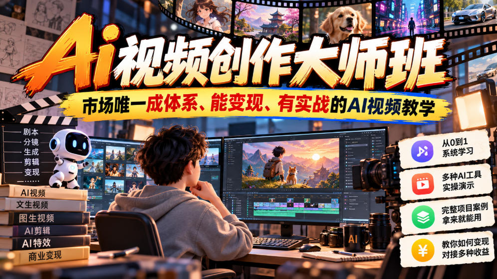 Ai视频创作大师班,市场唯一成体系、能变现、有实战的AI视频教学(更新2026)-来聚吧