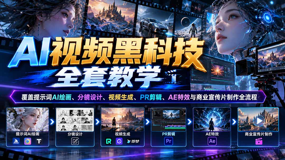 AI视频黑科技全套教学:覆盖提示词AI绘画、分镜设计、视频生成、PR剪辑、AE特效与商业宣传片制作全流程-来聚吧