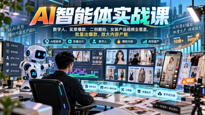 AI智能体实战课,数字人、实景爆款、二创翻拍、女装产品视频全覆盖,批量出爆款,放大内容产能-来聚吧