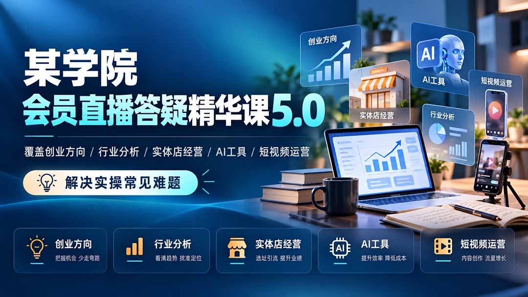 某学院会员直播答疑精华课5.0:覆盖创业方向、行业分析、实体店经营、AI工具和短视频运营,解决实操常见难题!-来聚吧