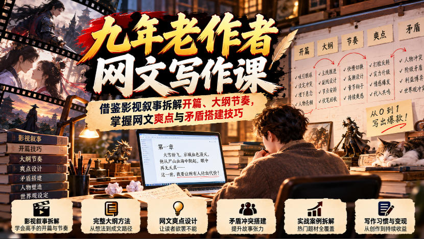 九年老作者网文写作课:借鉴影视叙事拆解开篇、大纲节奏,掌握网文爽点与矛盾搭建技巧-来聚吧