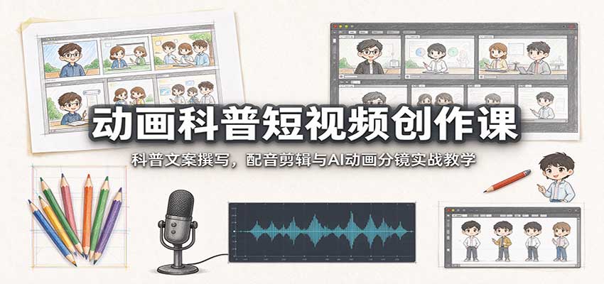 动画科普短视频创作课:科普文案撰写,配音剪辑与AI动画分镜实战教学-来聚吧