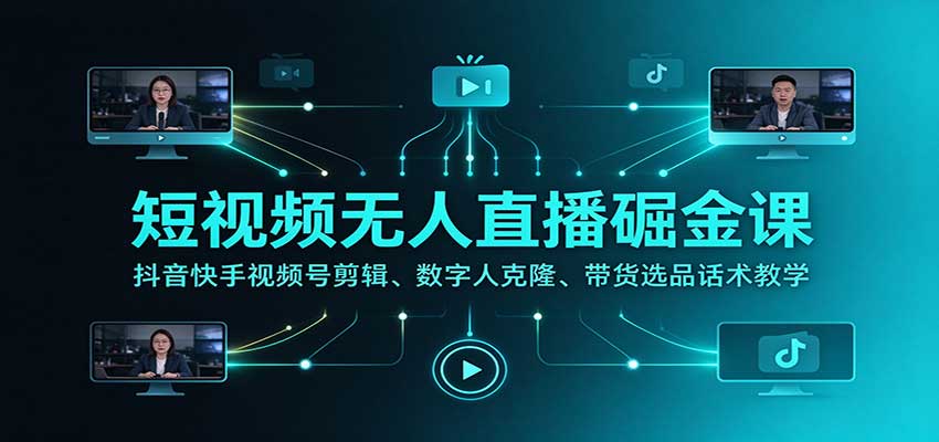 短视频无人直播掘金课:抖音快手视频号剪辑、数字人克隆、带货选品话术教学-来聚吧