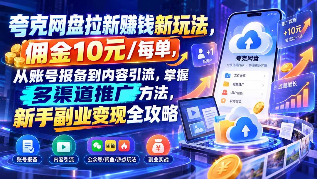 夸克网盘拉新赚钱新玩法,佣金10元/每单,从账号报备到内容引流,掌握多渠道推广方法,新手副业变现全攻略-来聚吧