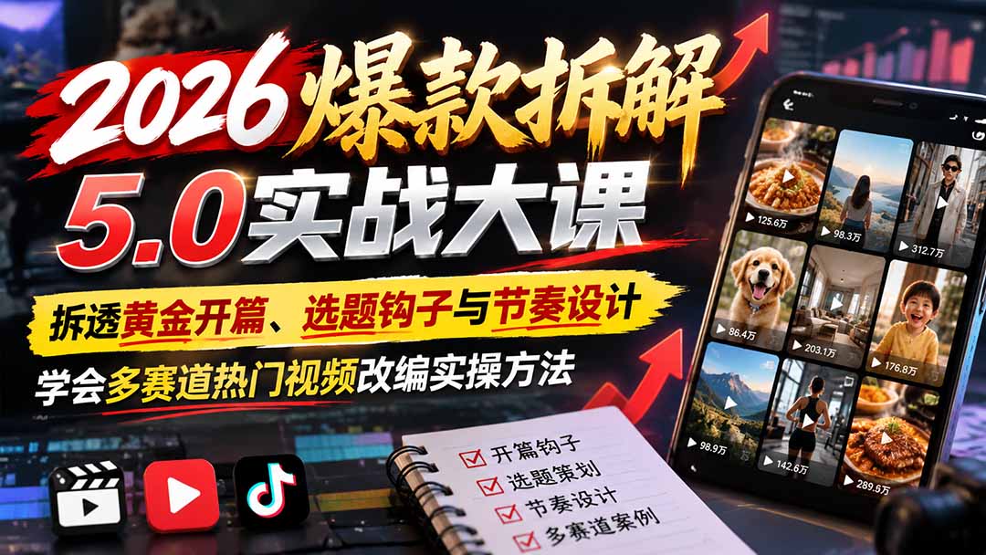2026爆款拆解5.0实战大课:拆透黄金开篇、选题钩子与节奏设计,学会多赛道热门视频改编实操方法-来聚吧