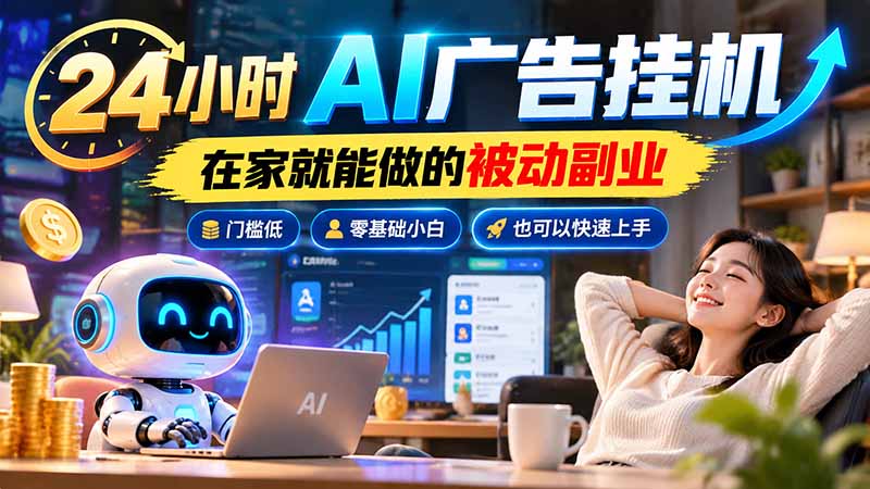 24小时AI广告挂机｜在家就能做的被动副业，门槛低，零基础小白也可以快速上手-来聚吧