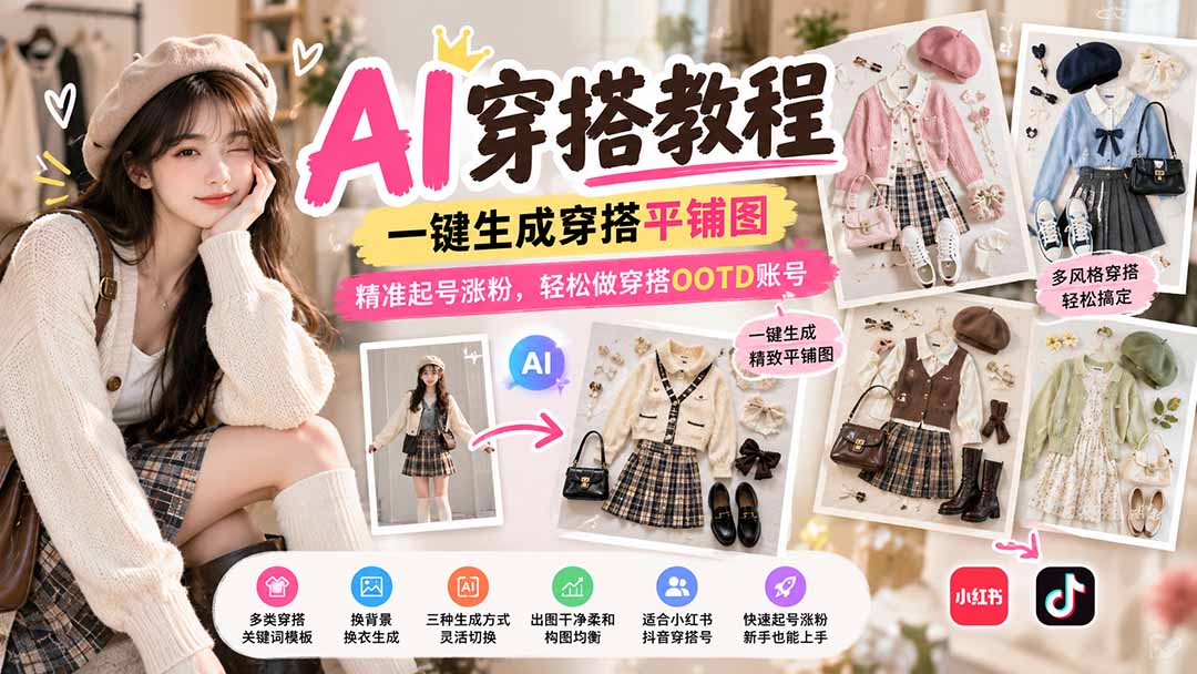 【无水印】AI穿搭教程|一键生成穿搭平铺图,精准起号涨粉,轻松做穿搭OOTD账号-来聚吧