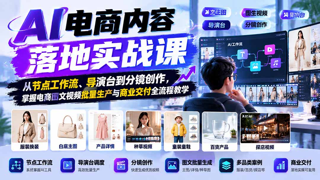 AI电商内容落地实战课:从节点工作流、导演台到分镜创作,掌握电商图文视频批量生产与商业交付全流程教学-来聚吧