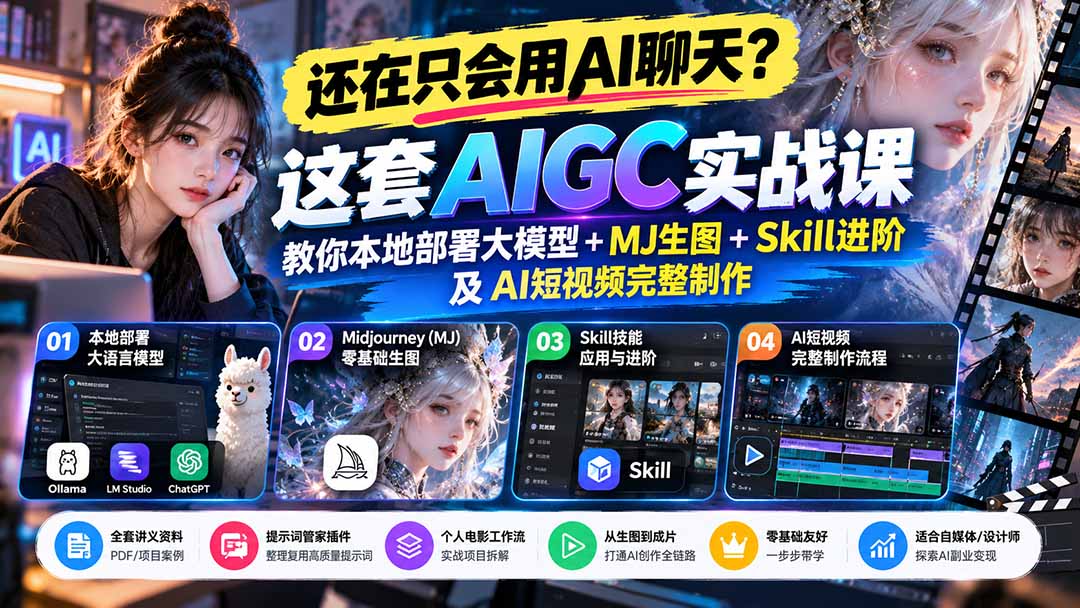 【无水印】还在只会用AI聊天？这套AIGC实战课教你本地部署大模型+MJ生图+Skill进阶及AI短视频完整制作-来聚吧
