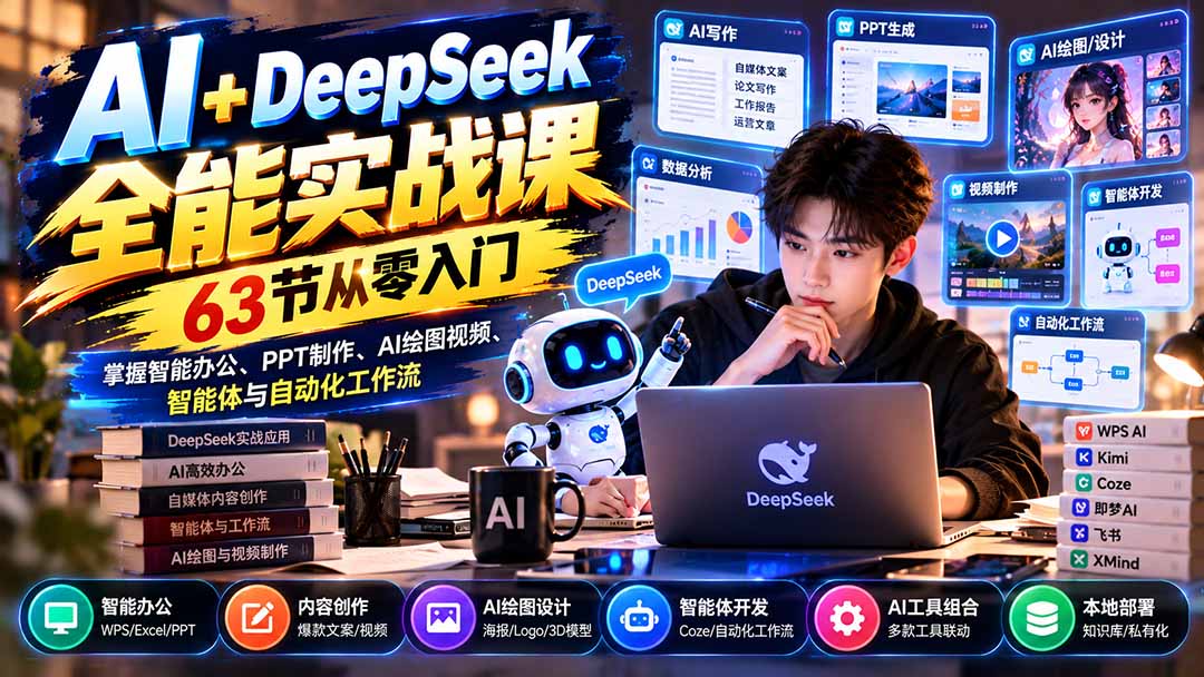 AI+DeepSeek全能实战课：63节从零入门，掌握智能办公、PPT制作、AI绘图视频、智能体与自动化工作流-来聚吧
