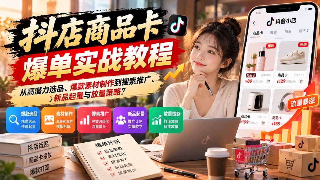 抖店商品卡爆单实战教程:从高潜力选品、爆款素材制作到搜索推广、新品起量与放量策略-来聚吧